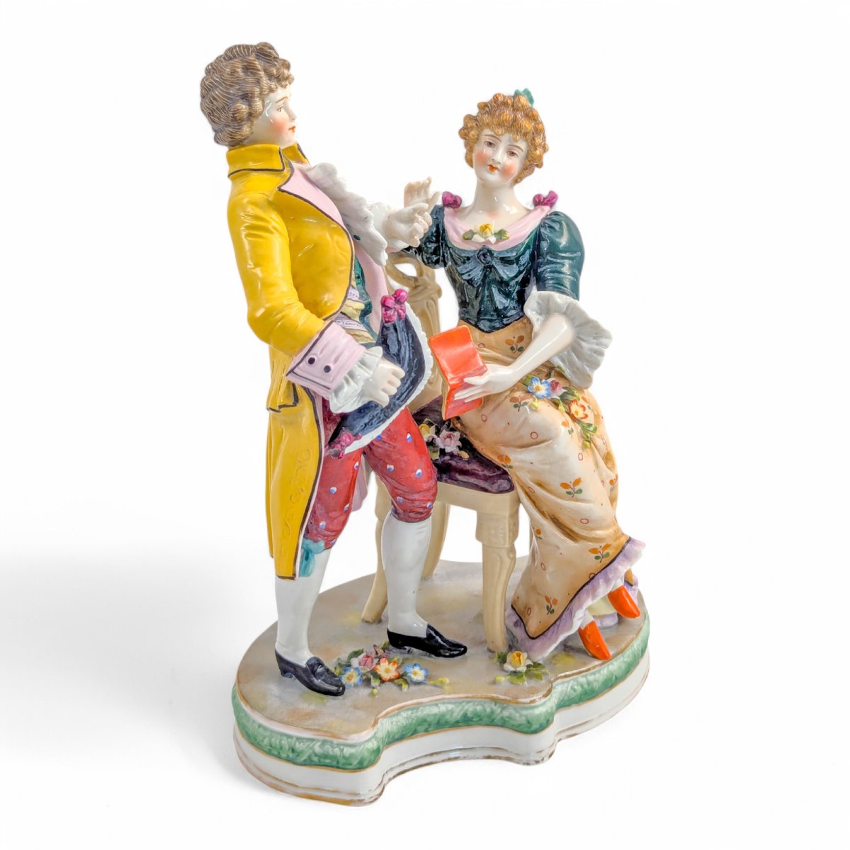 Figurine En Porcelaine Sitzendorf, Couple En Cour, Peinte à La Main, Allemagne, Fin Du 19e Sièc-photo-3