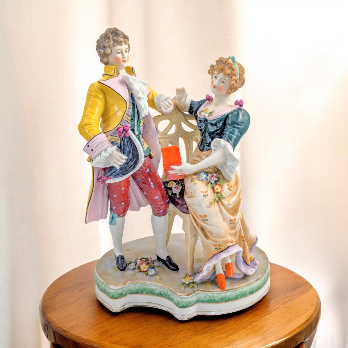 Figurine En Porcelaine Sitzendorf, Couple En Cour, Peinte à La Main, Allemagne, Fin Du 19e Sièc-photo-6