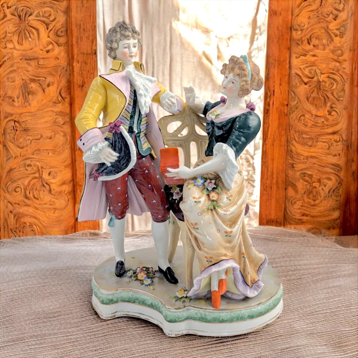 Figurine En Porcelaine Sitzendorf, Couple En Cour, Peinte à La Main, Allemagne, Fin Du 19e Sièc-photo-7