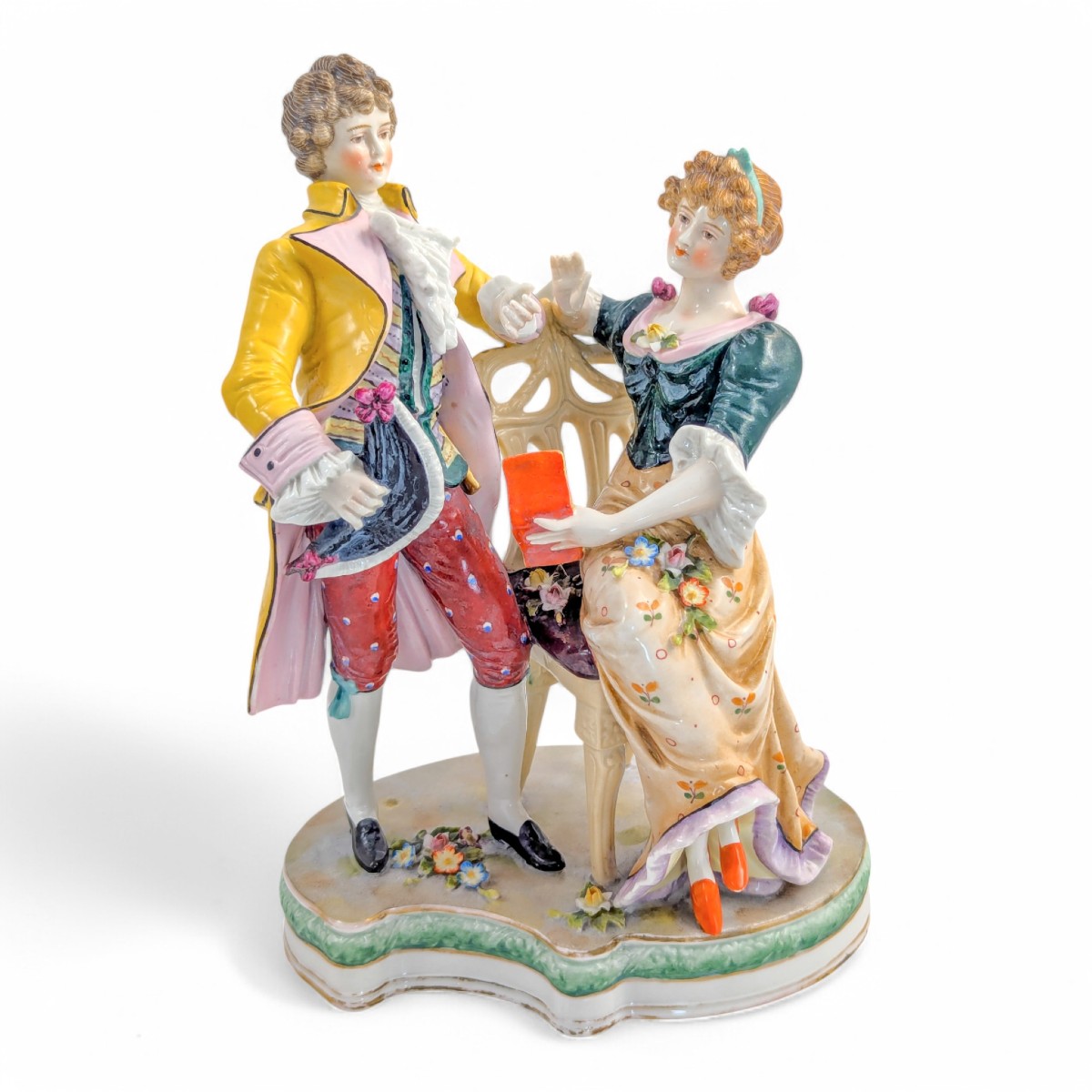 Figurine En Porcelaine Sitzendorf, Couple En Cour, Peinte à La Main, Allemagne, Fin Du 19e Sièc