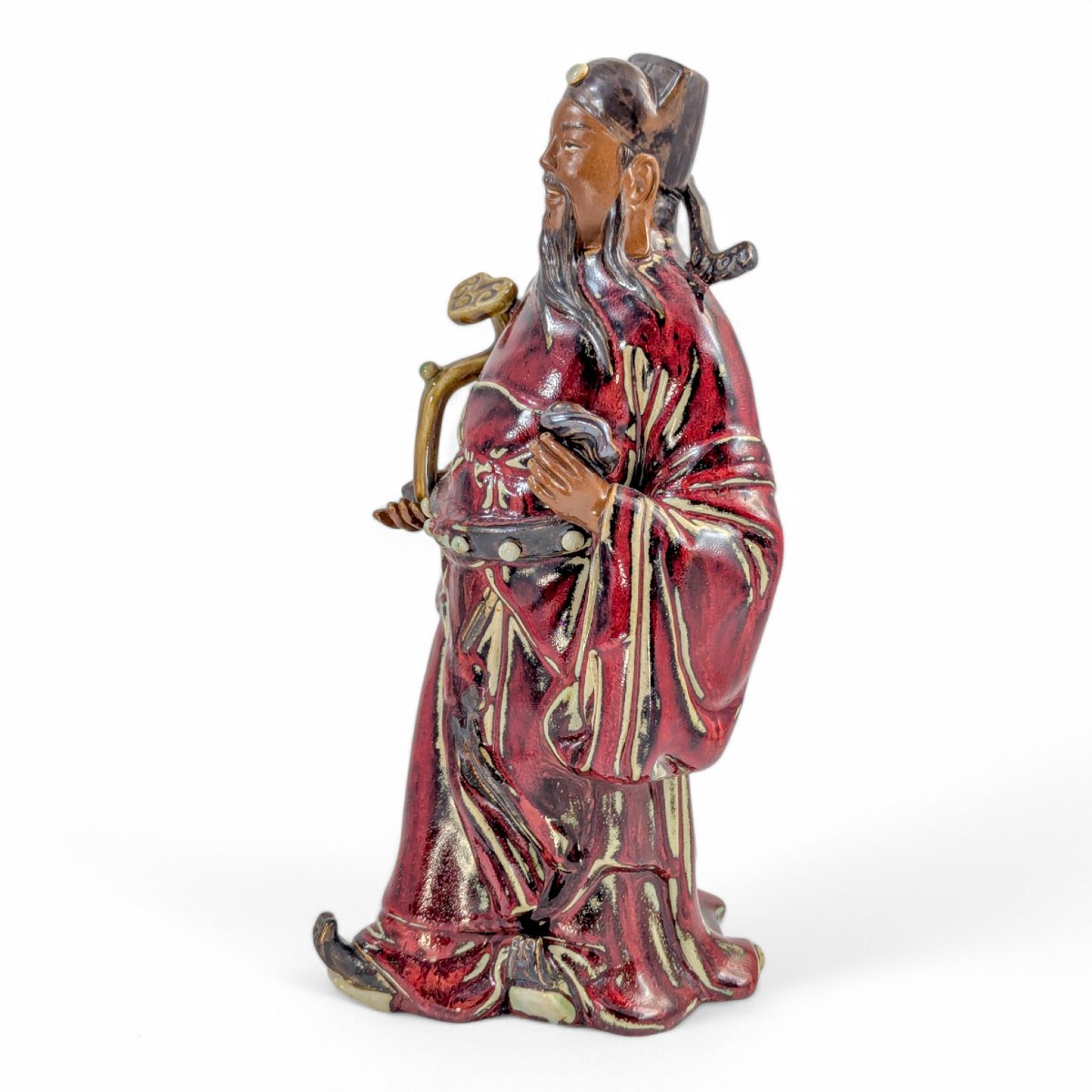 Large Shiwan Pottery Figure Of A Court Official With Ruyi And Lingzhi, Oxblood Glaze, C. 1950s-photo-3