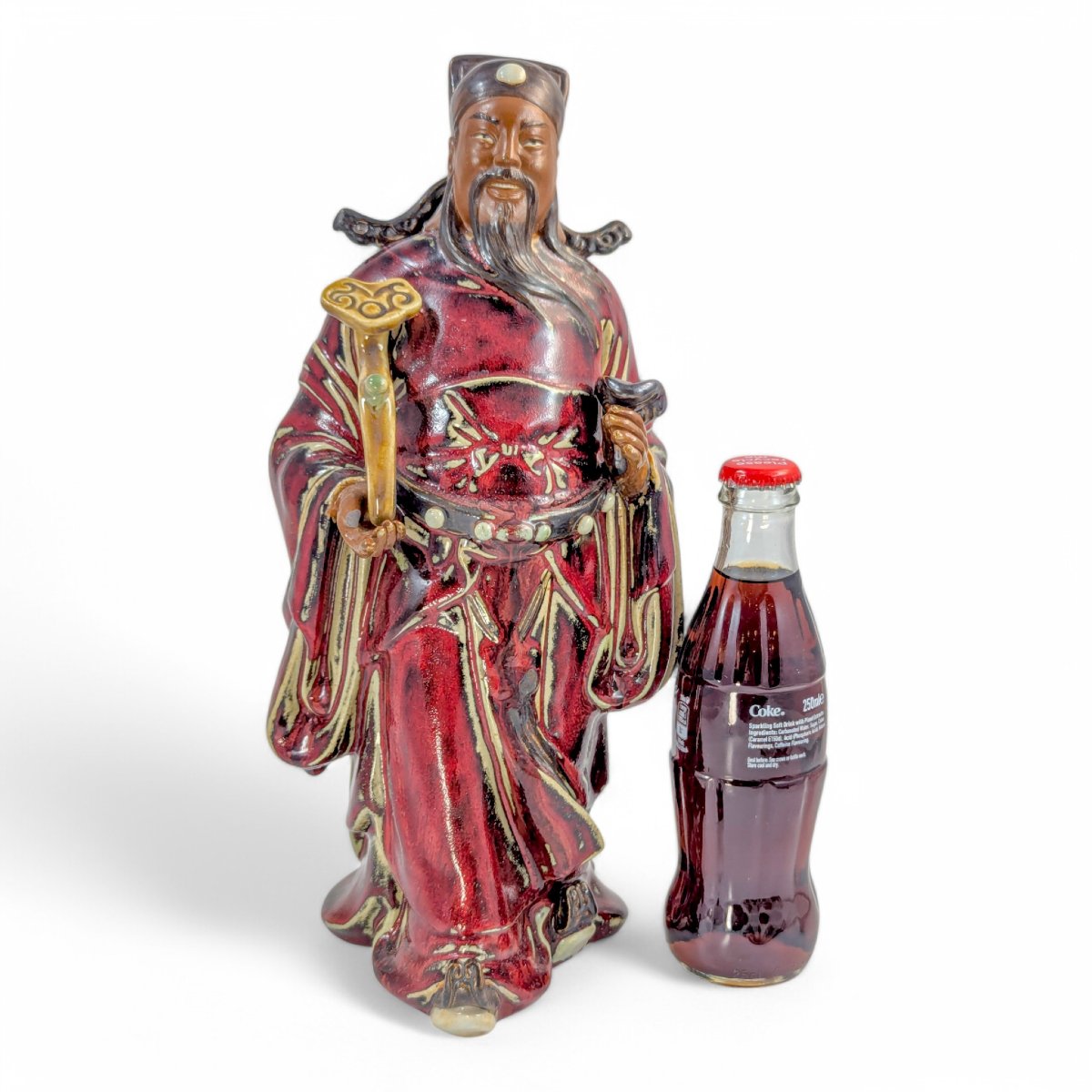 Large Shiwan Pottery Figure Of A Court Official With Ruyi And Lingzhi, Oxblood Glaze, C. 1950s-photo-7