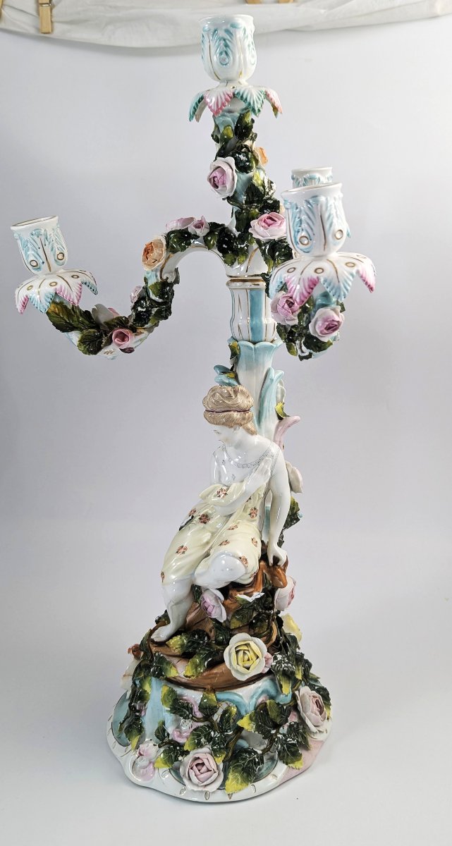 Candélabre à Quatre Bras En Porcelaine De Sitzendorf, Figure Féminine, Vers 1890-photo-2
