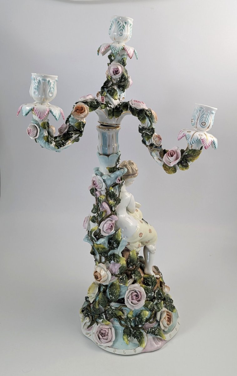 Candélabre à Quatre Bras En Porcelaine De Sitzendorf, Figure Féminine, Vers 1890-photo-1