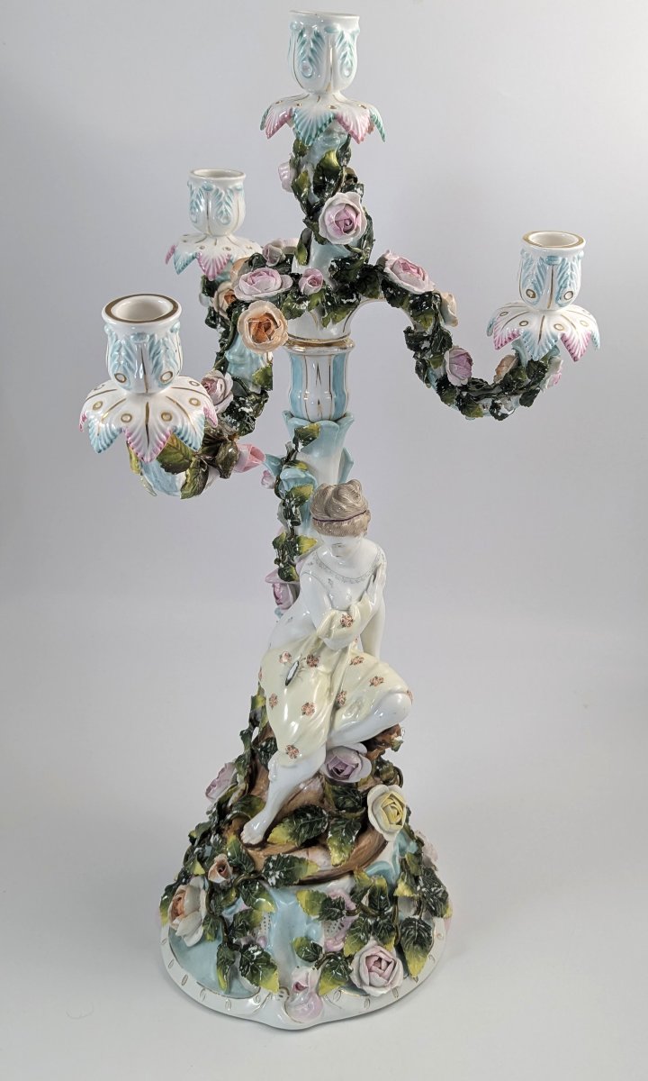Candélabre à Quatre Bras En Porcelaine De Sitzendorf, Figure Féminine, Vers 1890-photo-4