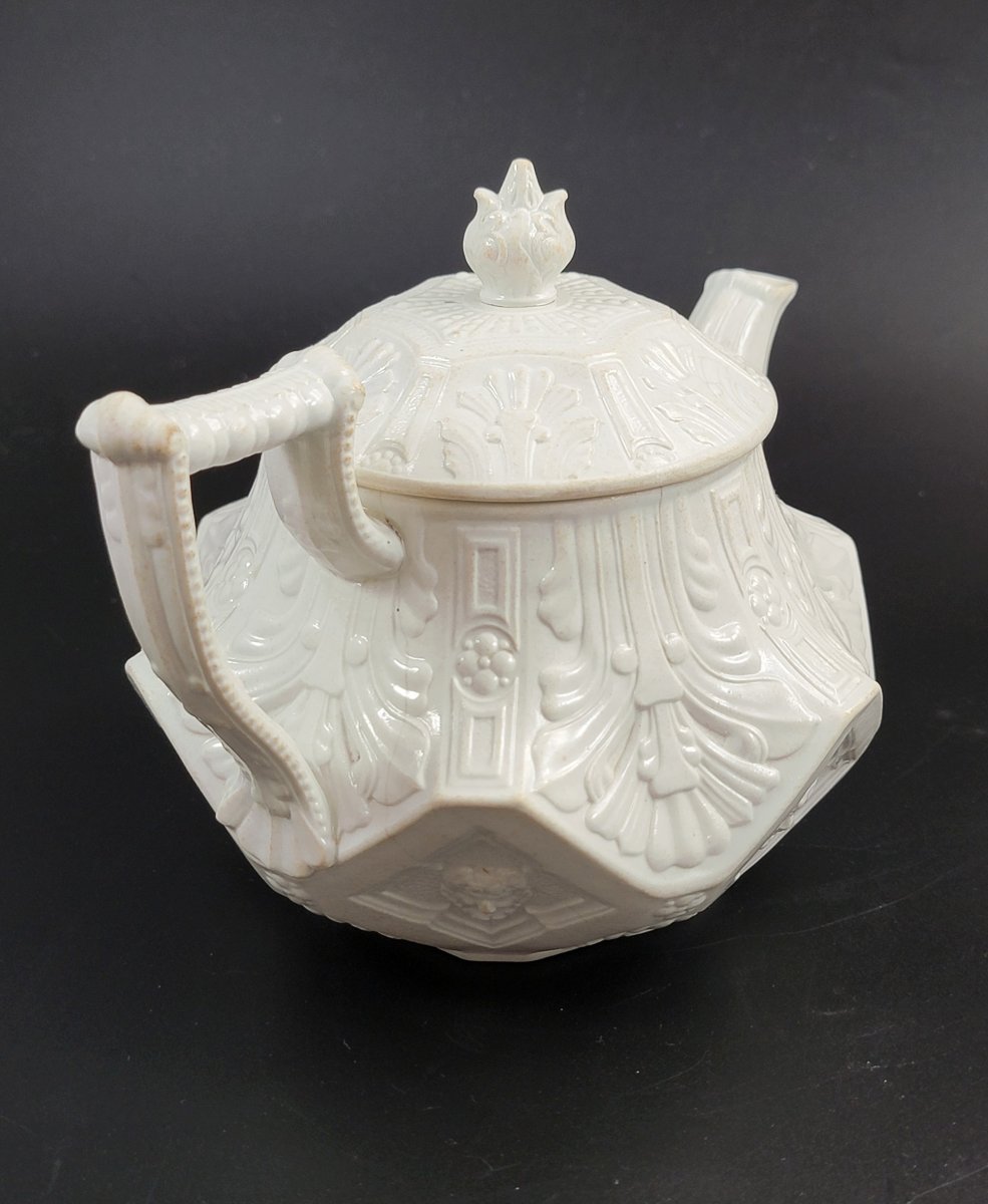 Rare Antique Wedgwood Hexagonal White Stoneware Teapot, C.1820-photo-3