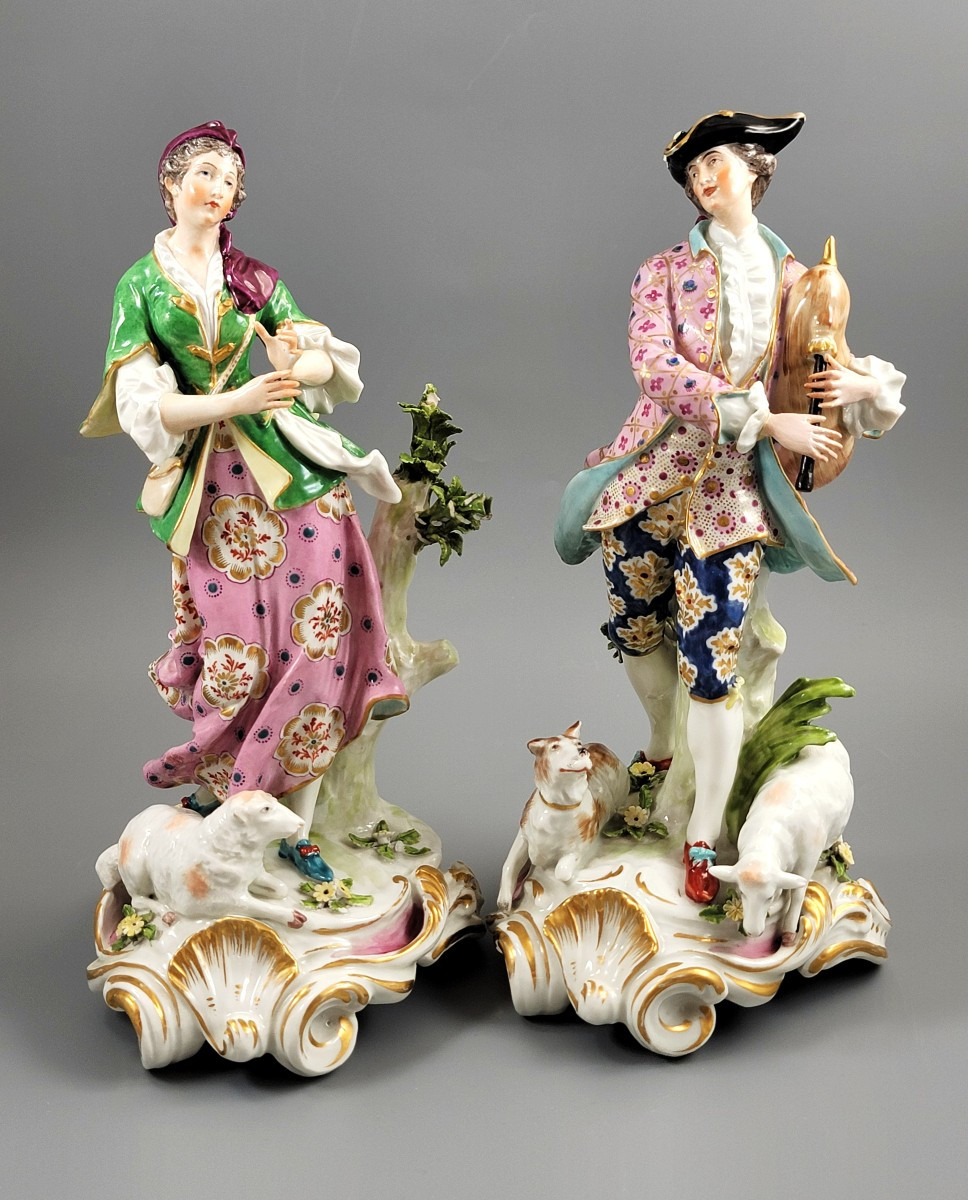 Rare Chelsea Gold Anchor Porcelain Figures Of Shepherds, C.1760