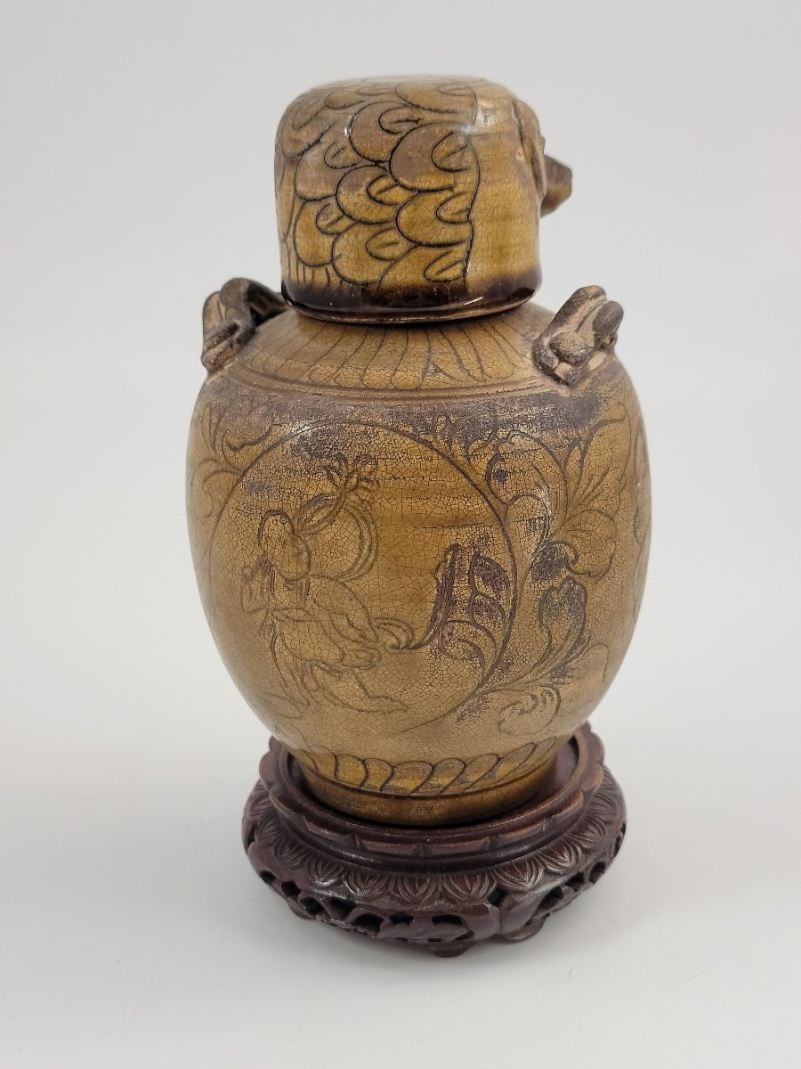 Rare 19thc Chinese Folk Stoneware Jar With Bird-form Lid – Southern Kilns-photo-4