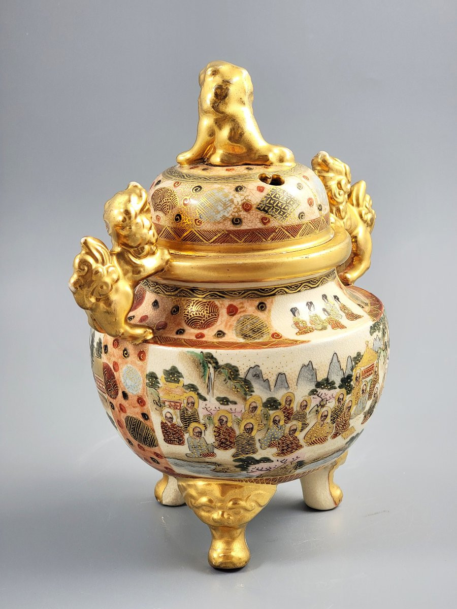 Meiji Satsuma Koro By Ippō, Gilt Shishi, Kyoto Kinkozan School, Signed, 24cm-photo-3