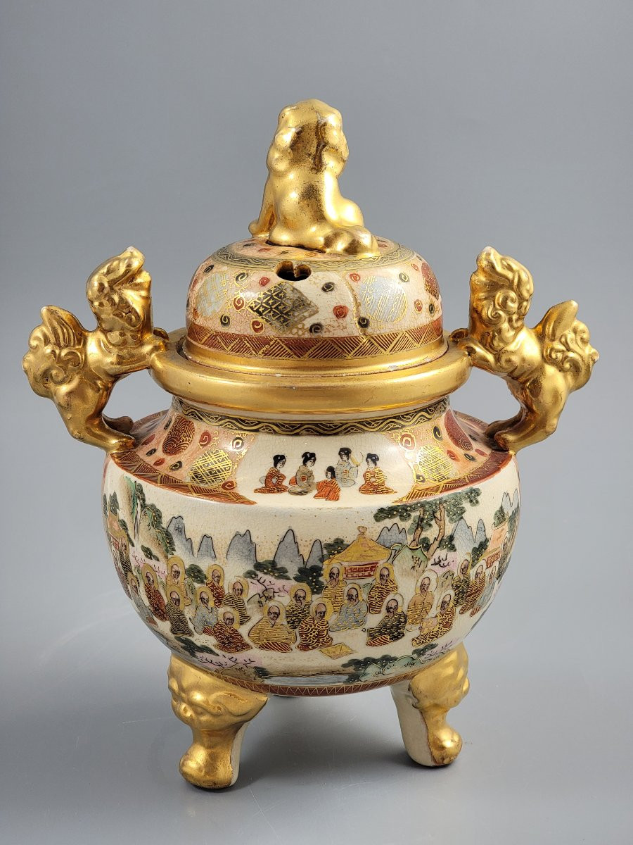 Meiji Satsuma Koro By Ippō, Gilt Shishi, Kyoto Kinkozan School, Signed, 24cm-photo-4