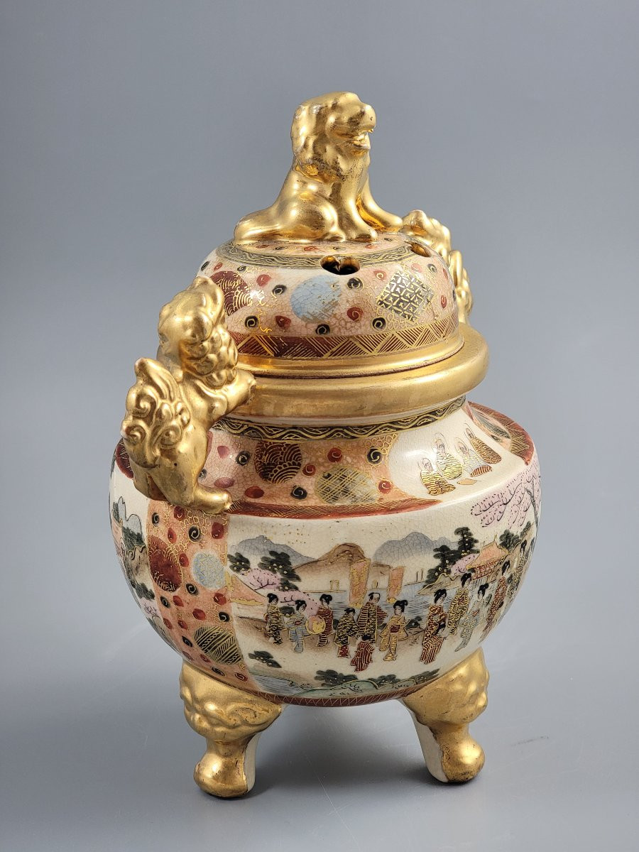 Meiji Satsuma Koro By Ippō, Gilt Shishi, Kyoto Kinkozan School, Signed, 24cm-photo-2
