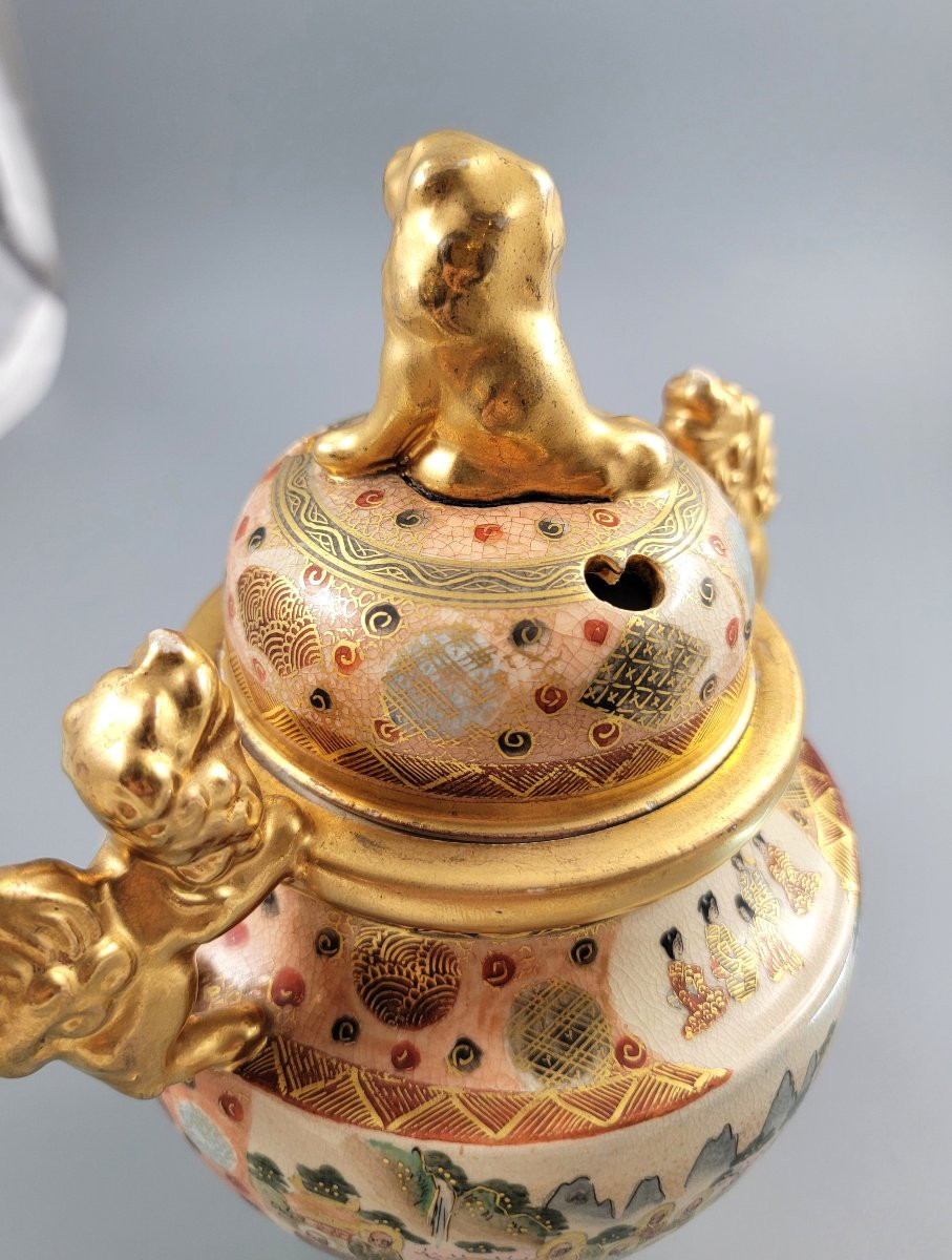 Meiji Satsuma Koro By Ippō, Gilt Shishi, Kyoto Kinkozan School, Signed, 24cm-photo-8