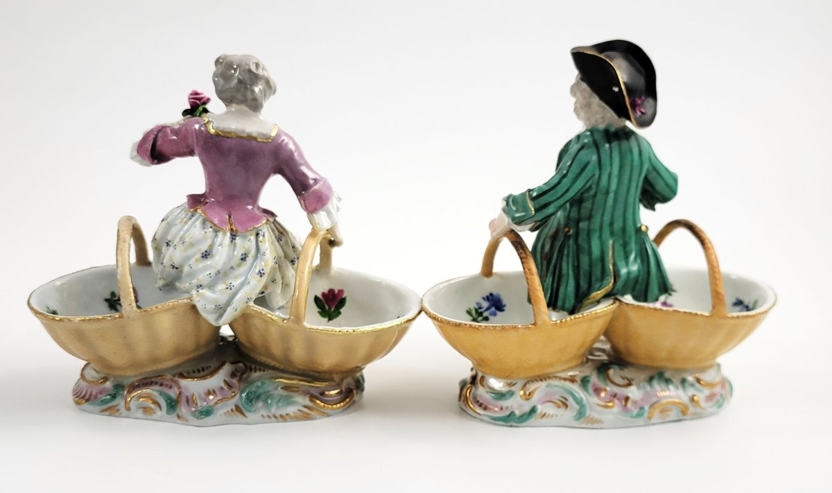 Salieres Doubles en Porcelaine de Meissen, Rococo, Modèle Kändler, Marque Épées, vers 1830-photo-3