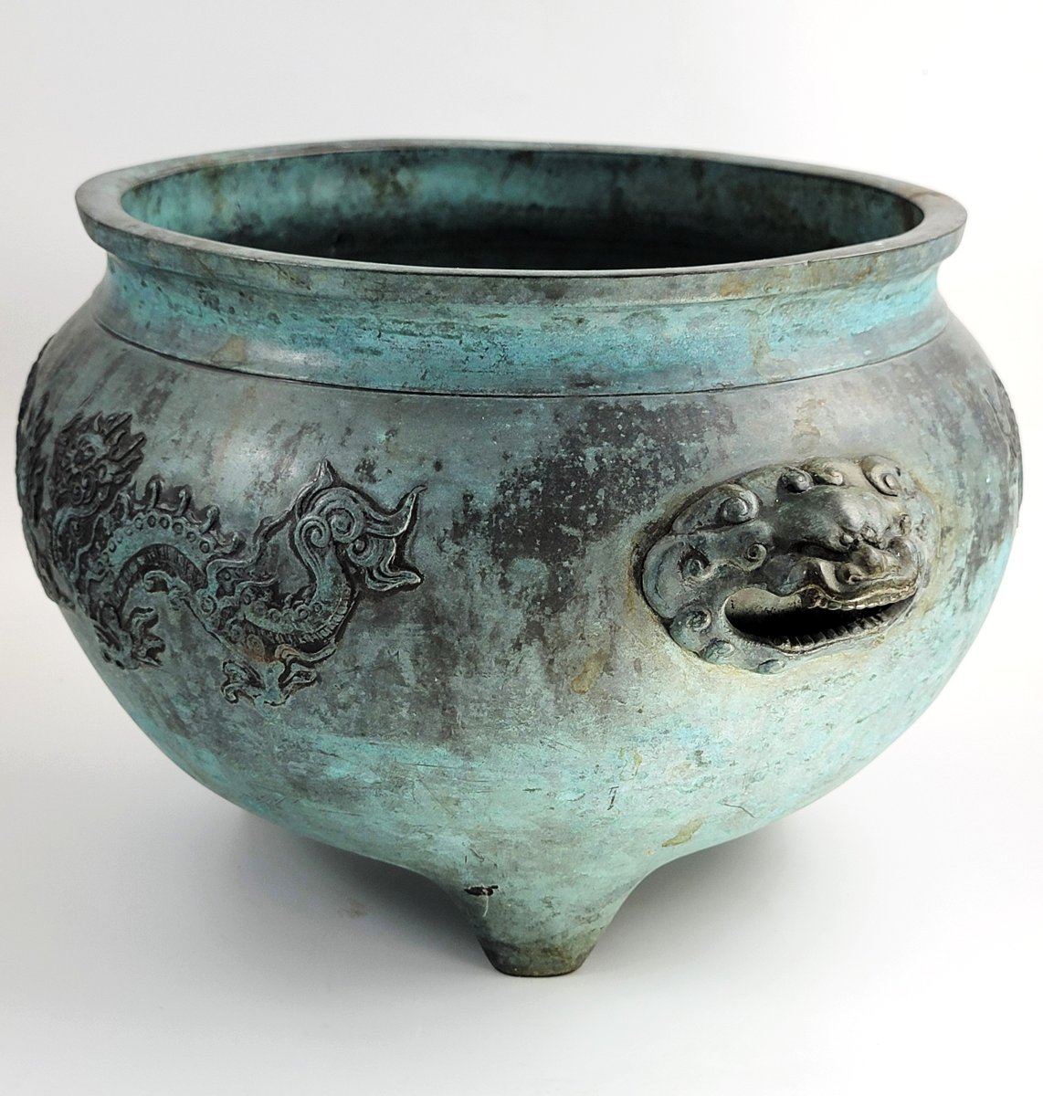 Grand encensoir chinois XIXe s. bronze, dragons, anses masque, 39 cm, 5 kg-photo-2