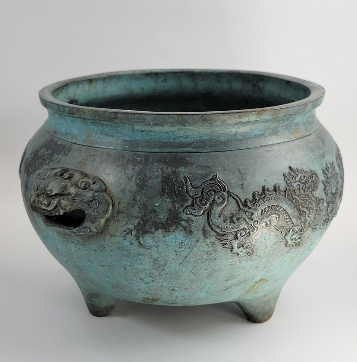 Grand encensoir chinois XIXe s. bronze, dragons, anses masque, 39 cm, 5 kg-photo-4