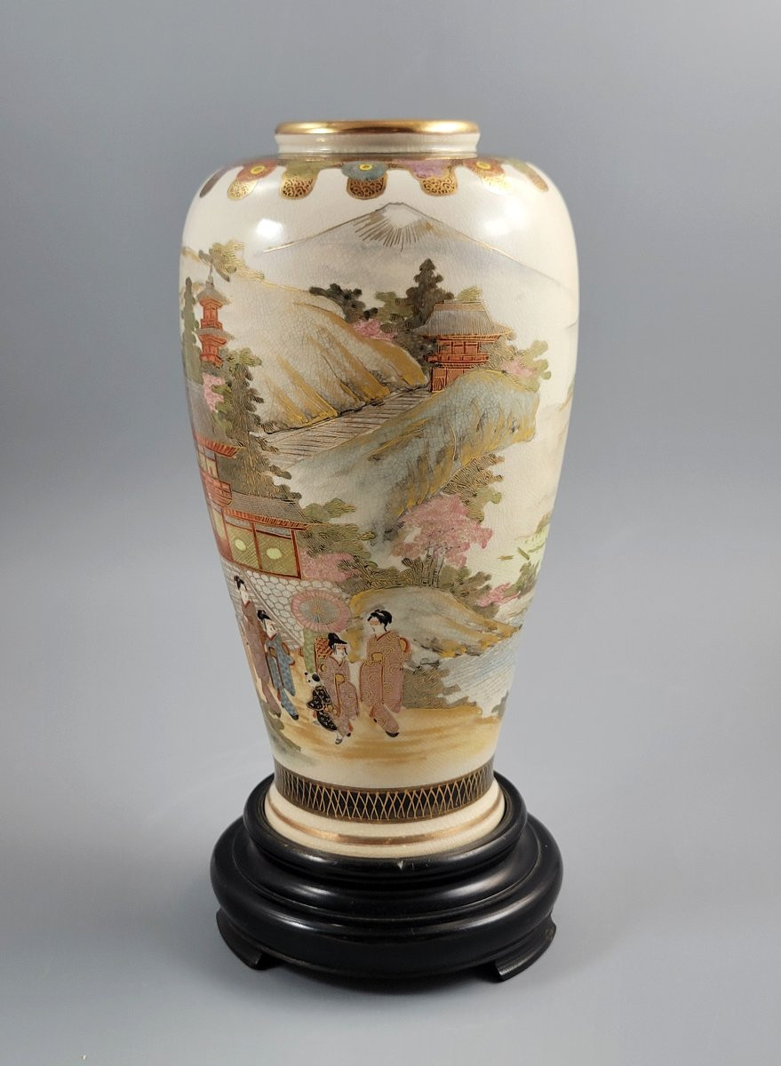 Satsuma Vase “mt. Fuji And Cherry Blossoms”, Attributed To Hayakawa, Kyoto C. 1890-photo-3