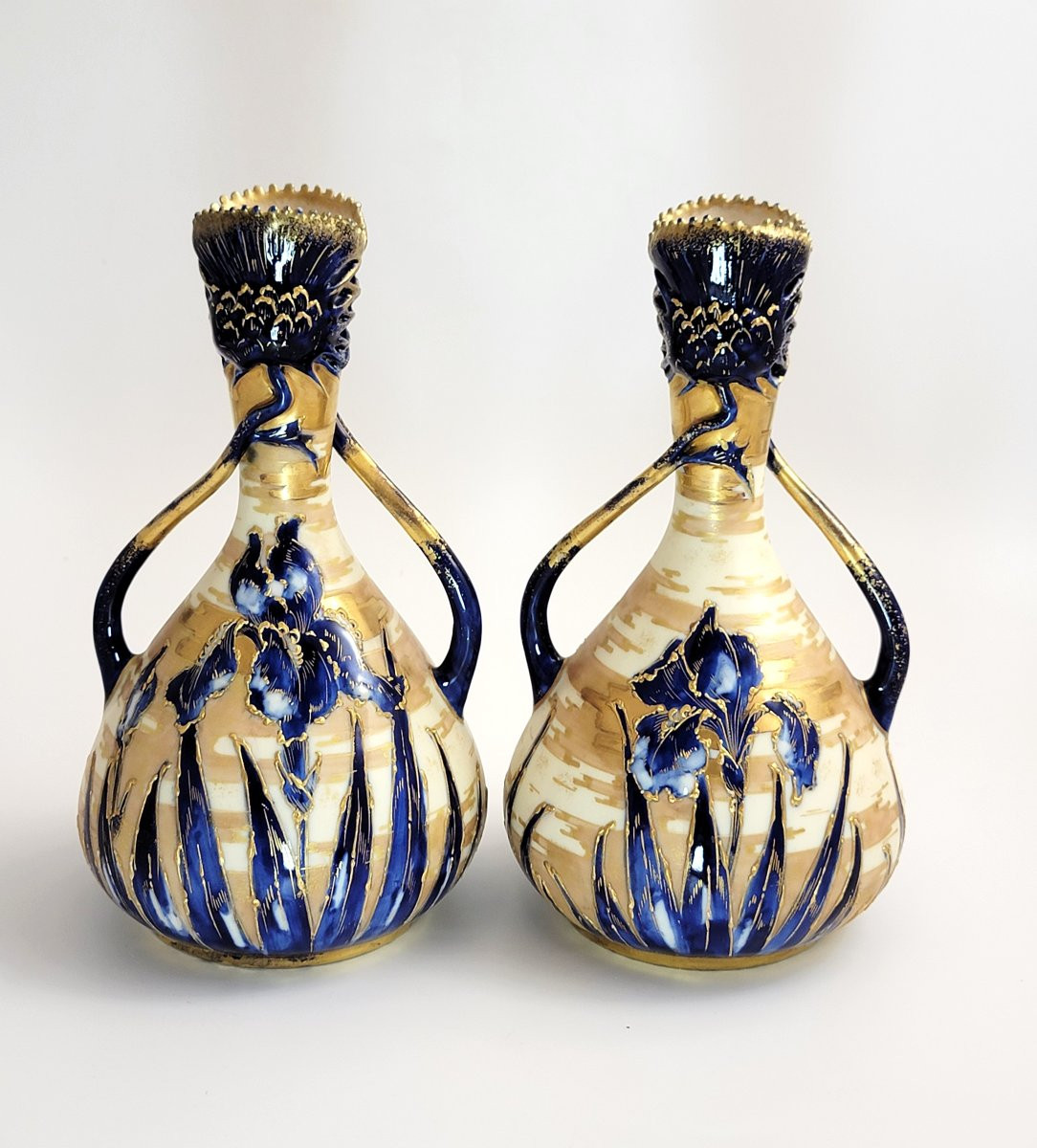 Antique Pair Of Art Nouveau Porcelain Vases, Decorated By Ernst Wahliss, C. 1895-photo-3