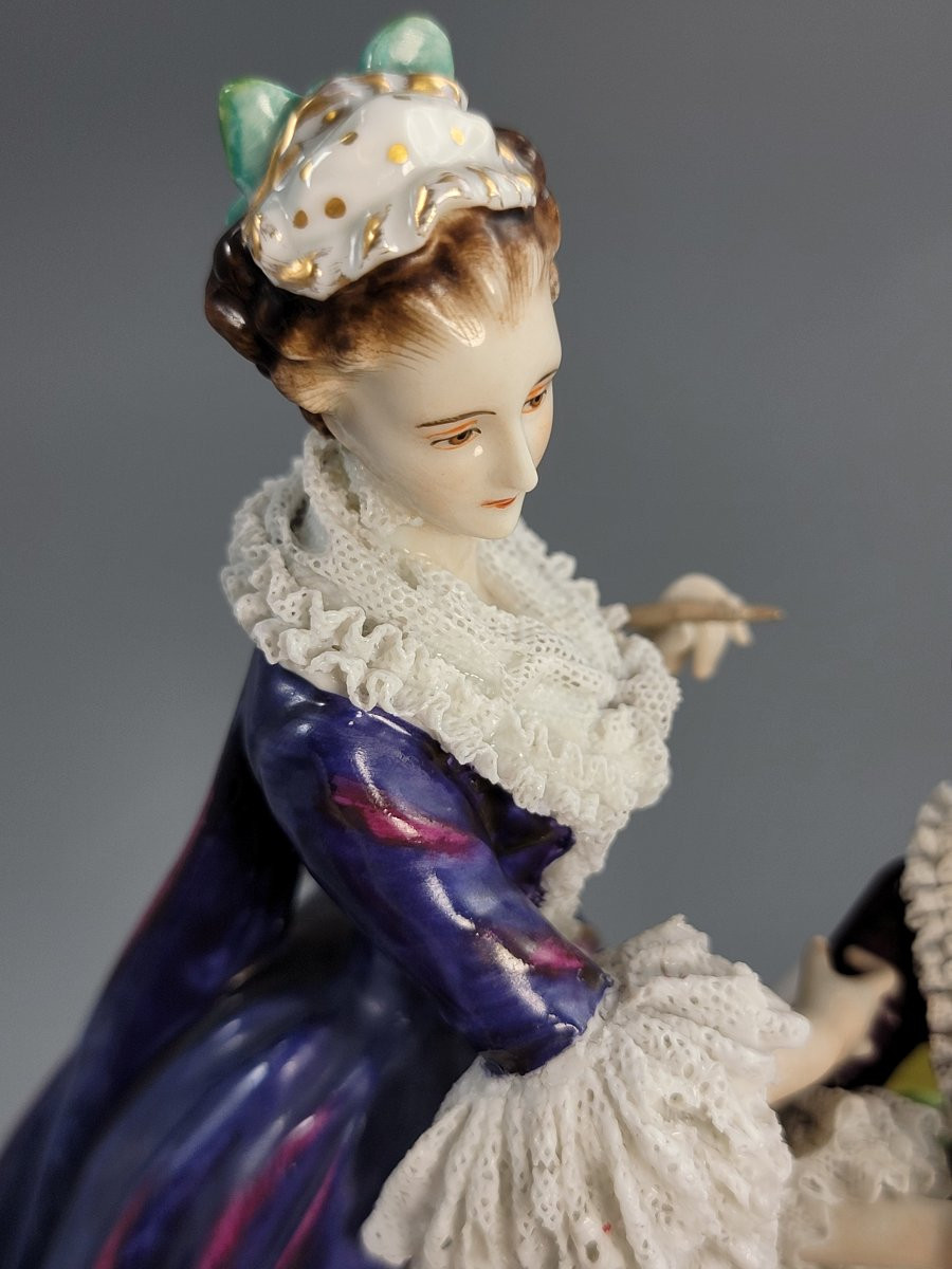 Volkstedt Porcelain Salon Group “le Toilette”, Germany C. 1915, With Porcelain Lace-photo-7