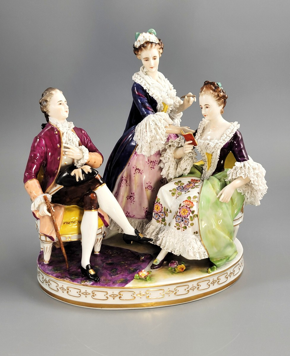 Volkstedt Porcelain Salon Group “le Toilette”, Germany C. 1915, With Porcelain Lace