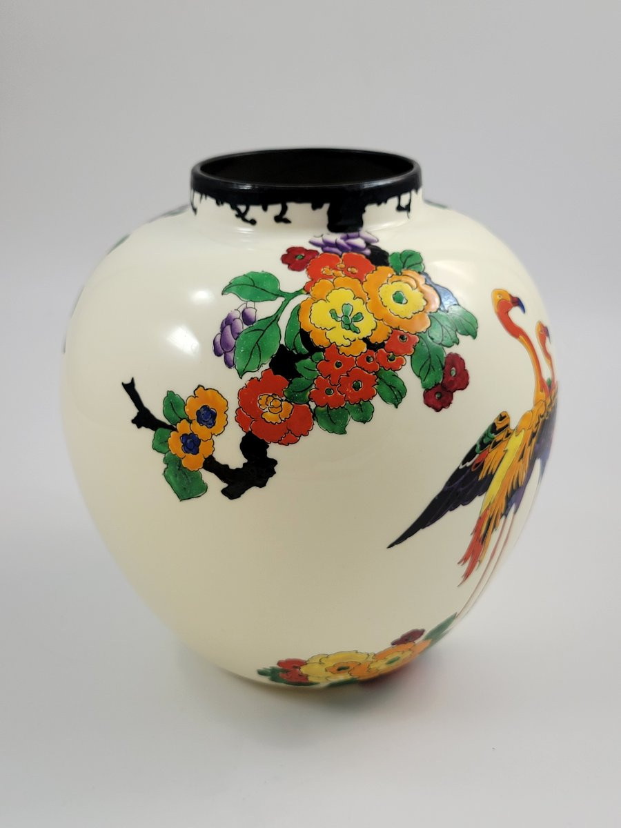 Vase Royal Doulton Mandarin Ware, “Flamant Dansant” par R. Allen, fond blanc, vers 1920-photo-3