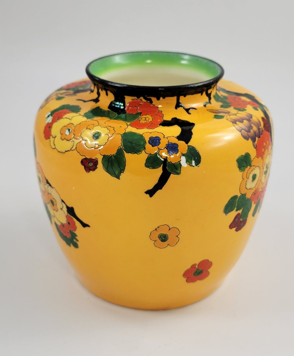 Rare Royal Doulton Mandarin Ware Vase, Yellow Ground, Attributed R. Allen, C.1920-photo-2