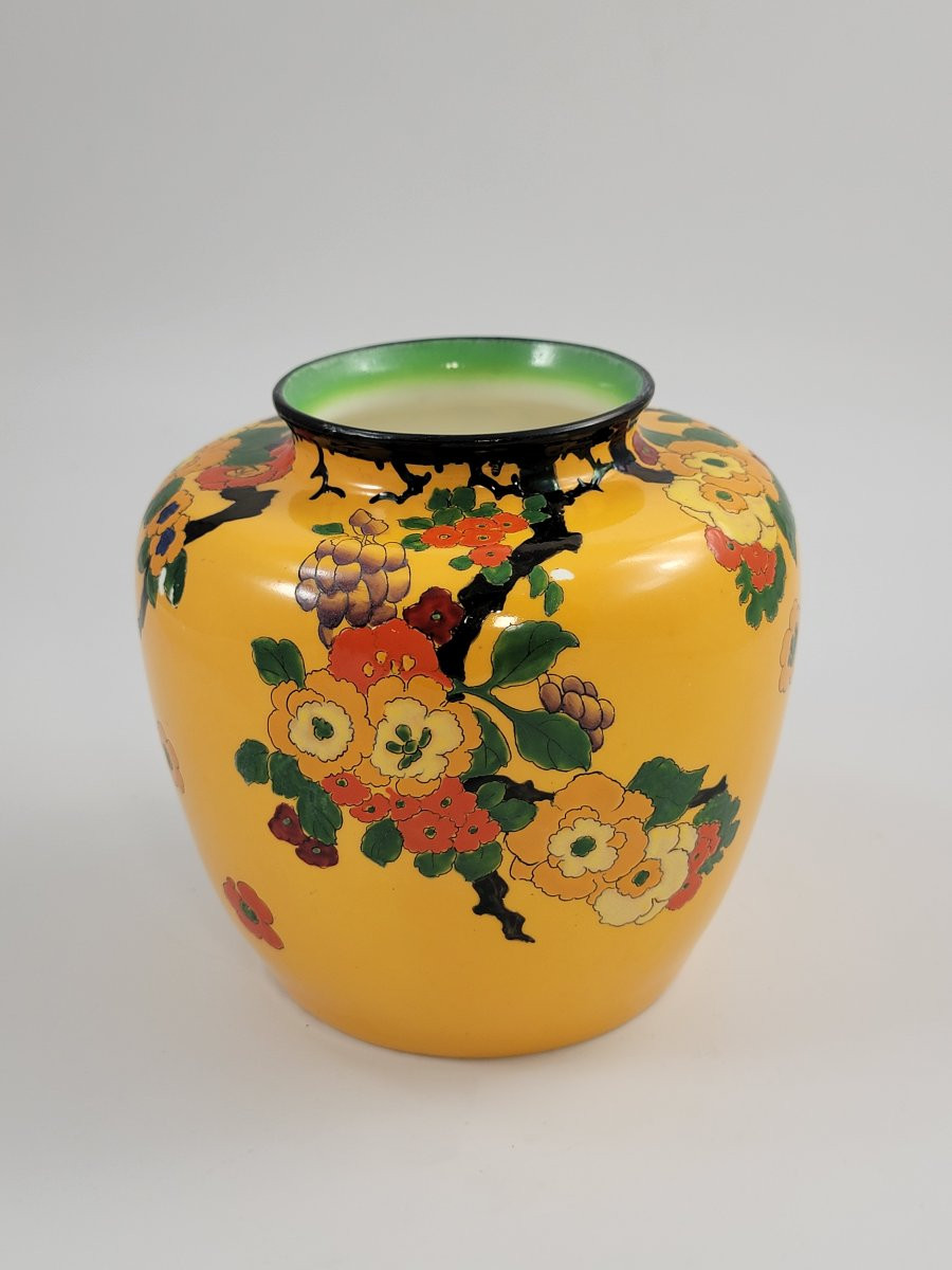 Rare Royal Doulton Mandarin Ware Vase, Yellow Ground, Attributed R. Allen, C.1920-photo-3