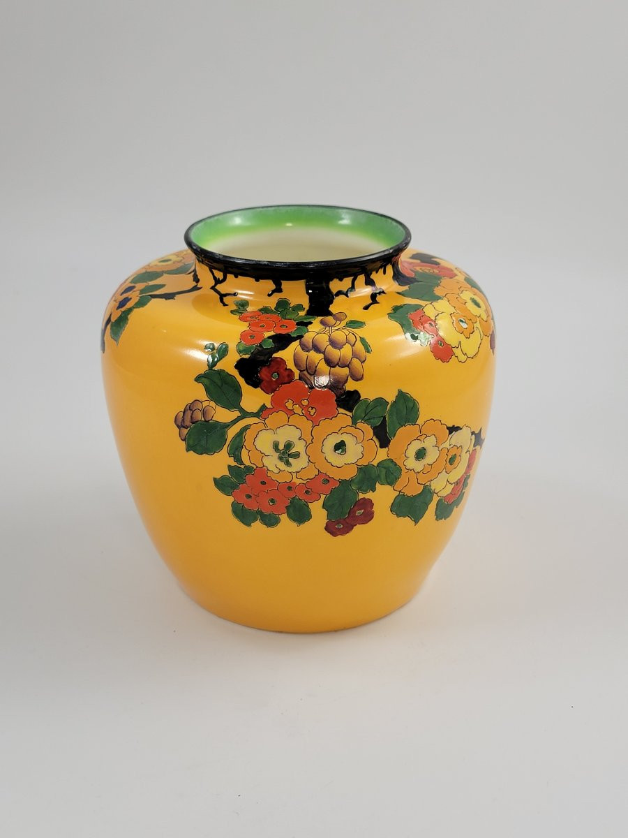 Rare Royal Doulton Mandarin Ware Vase, Yellow Ground, Attributed R. Allen, C.1920-photo-2