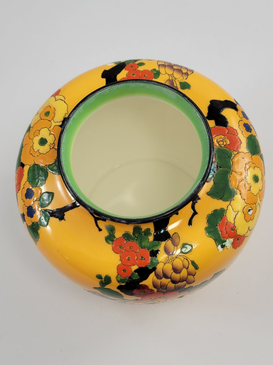 Rare Royal Doulton Mandarin Ware Vase, Yellow Ground, Attributed R. Allen, C.1920-photo-3