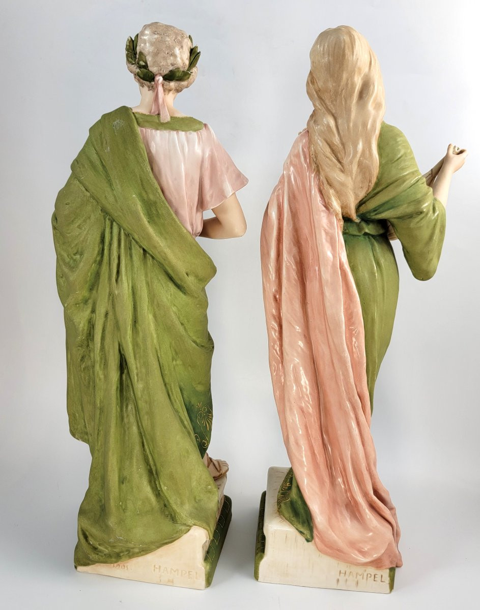 Pair Of Large Antique Eichwald Porcelain Figures, Signed Hampel, 1905-photo-3