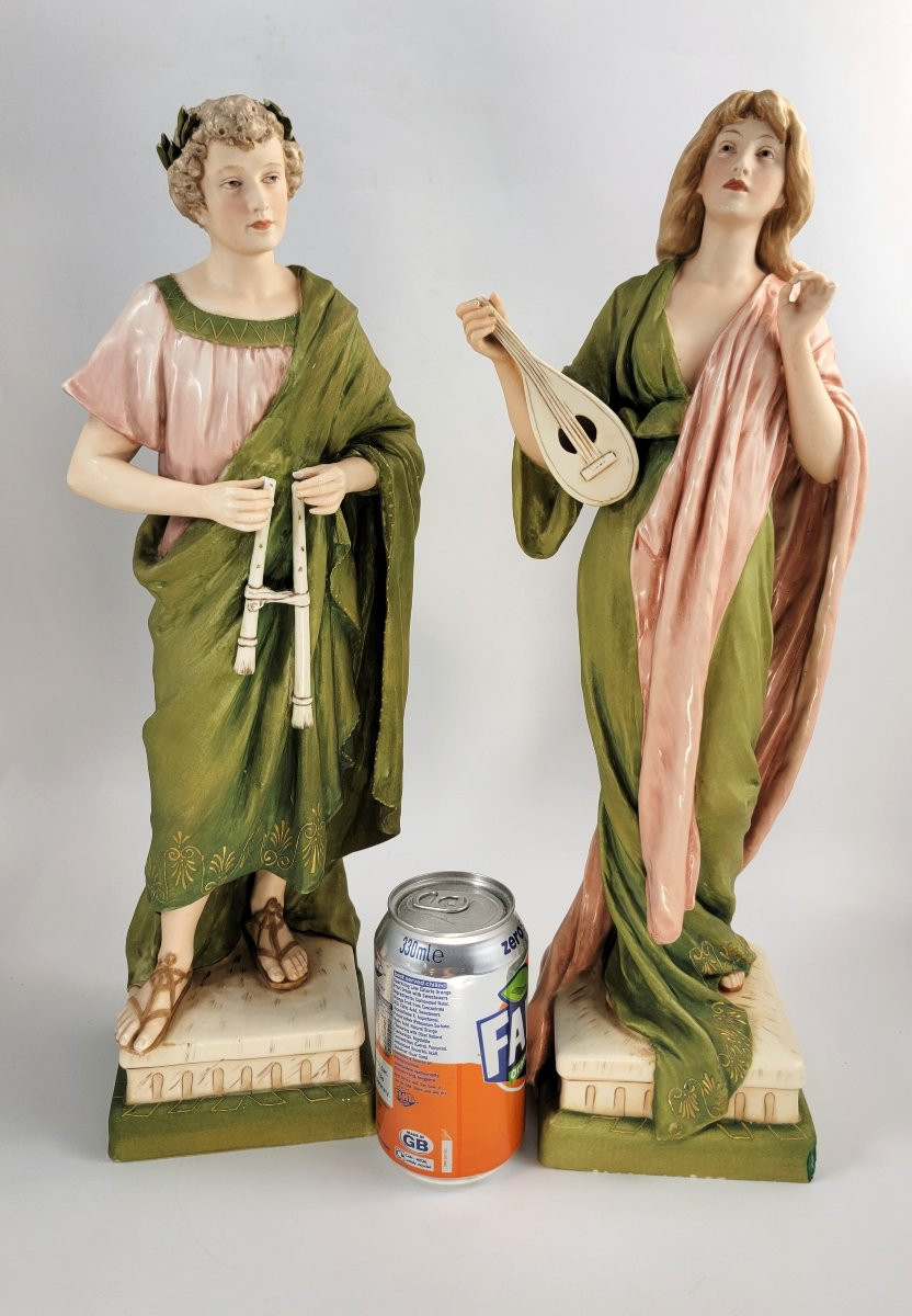Pair Of Large Antique Eichwald Porcelain Figures, Signed Hampel, 1905-photo-8