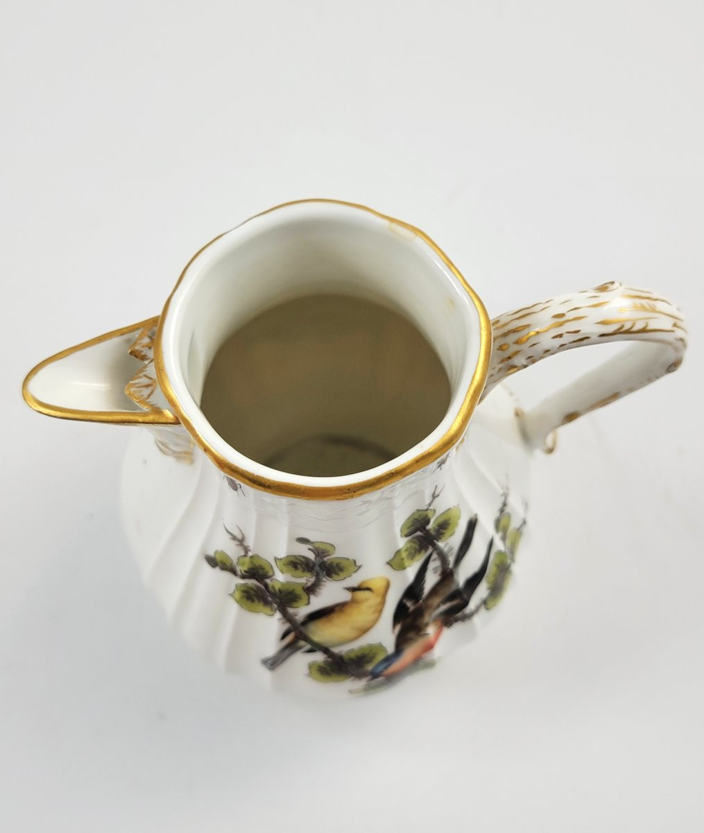 Meissen Ribbed Porcelain Jug, Handpainted Birds & Insects, Mid-19th Century-photo-3