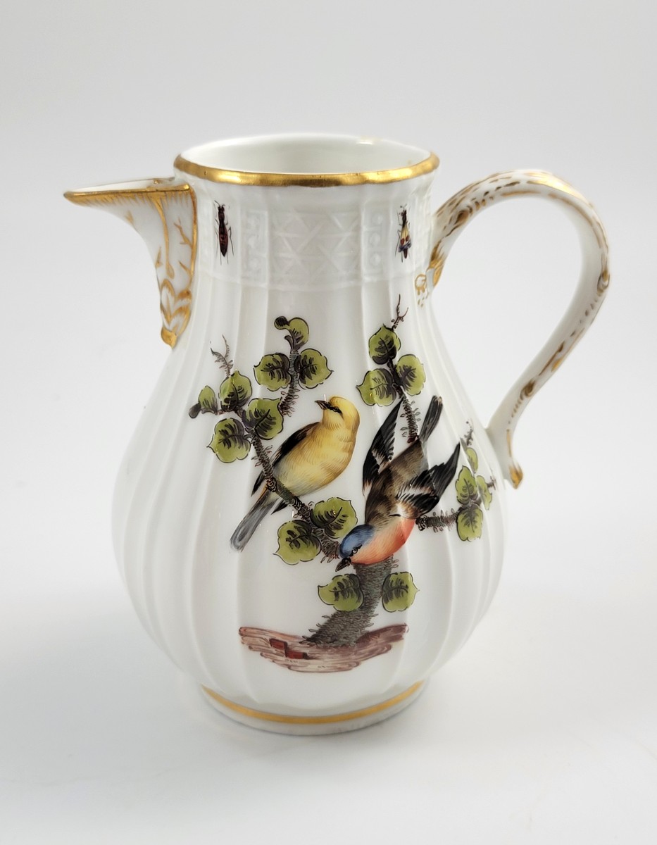Meissen Ribbed Porcelain Jug, Handpainted Birds & Insects, Mid-19th Century
