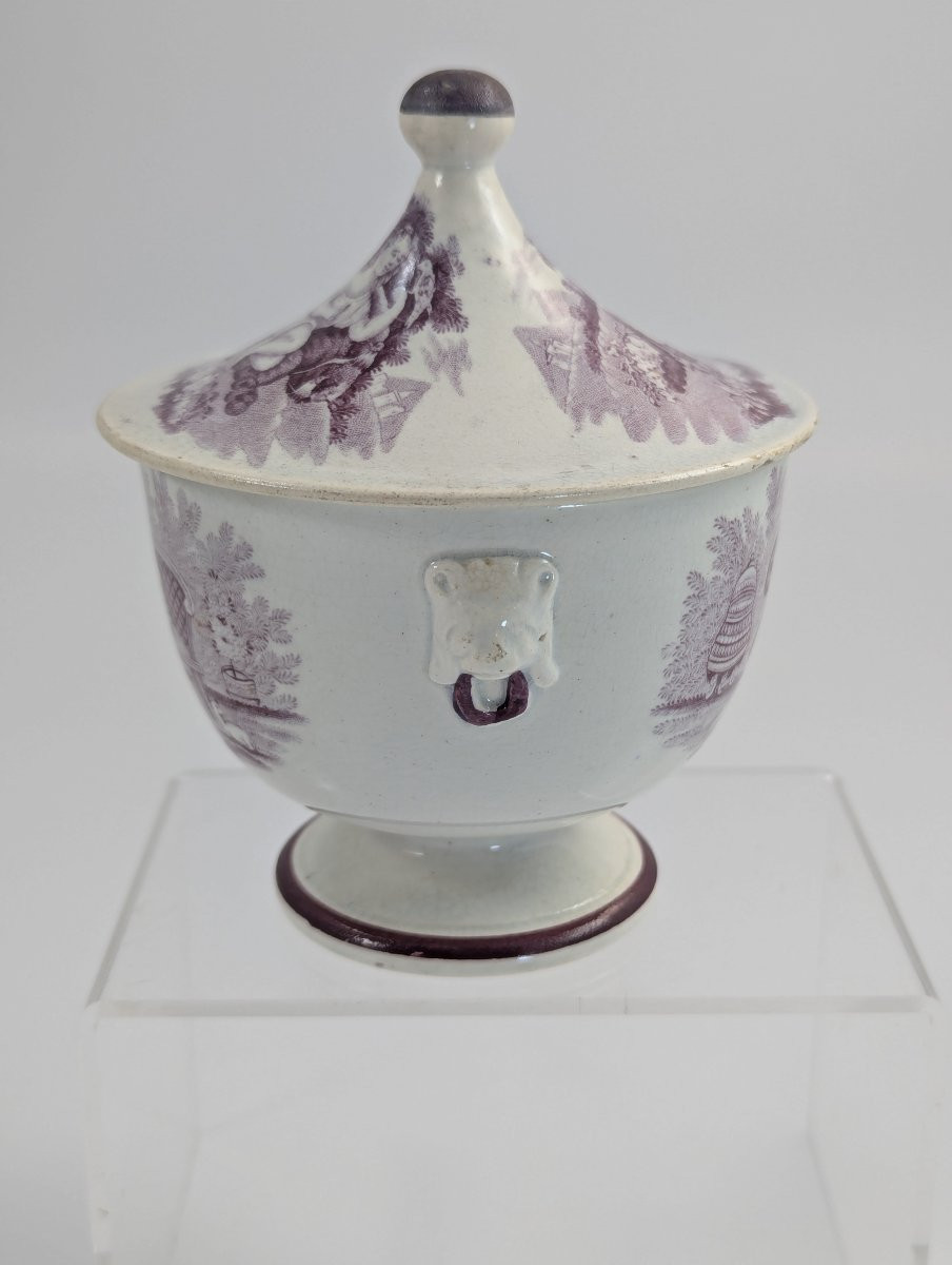 Sucrier couvert en faïence anglaise mulberry, Staffordshire, vers 1840, anses lions-photo-2