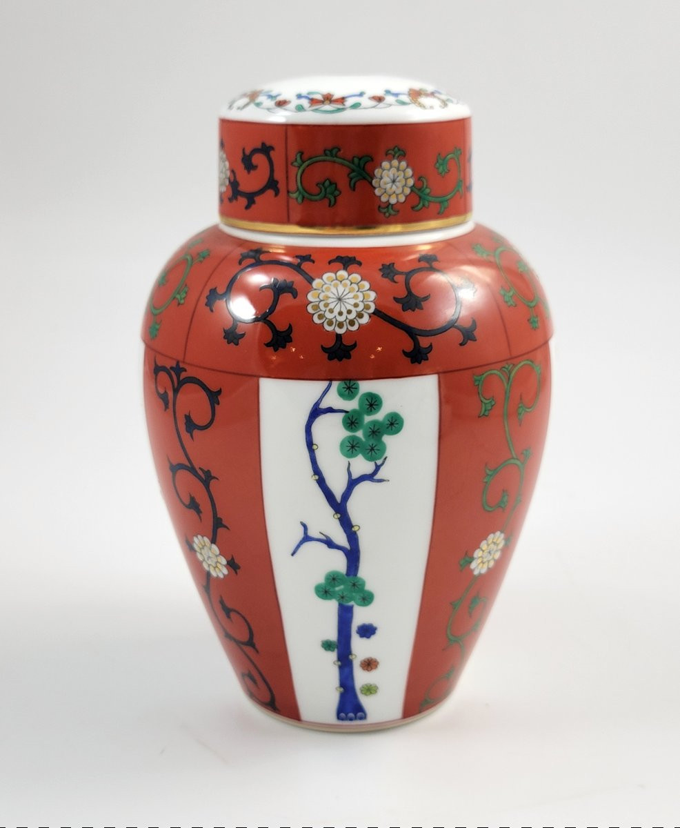 Boîte à thé / pot à gingembre en porcelaine de Herend, “Siang Rouge” (Dynastie Rouge), XXe sièc-photo-1