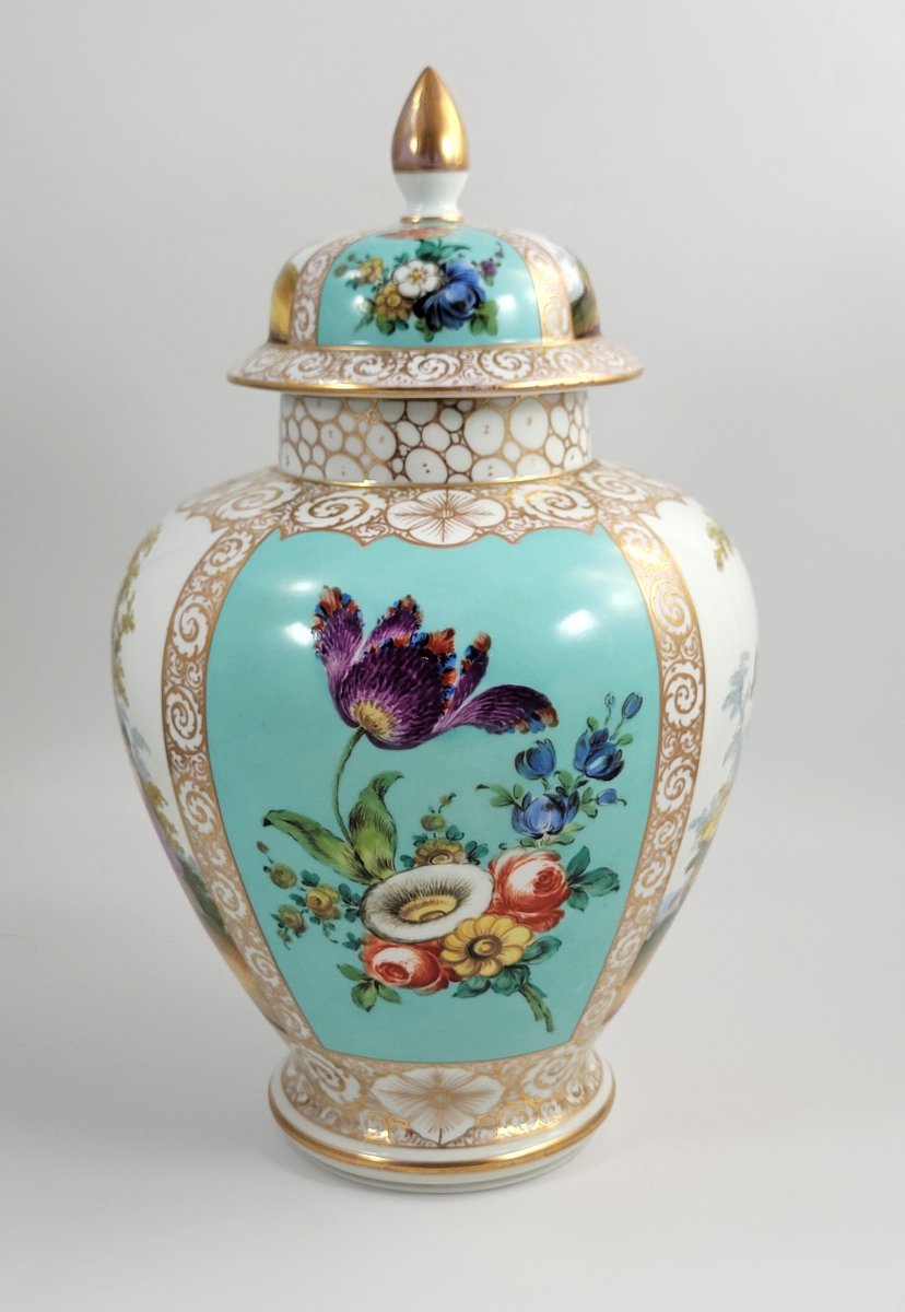 Vase couvert en porcelaine de Helena Wolfsohn, scènes Watteau et turquoise, vers 1880-photo-3