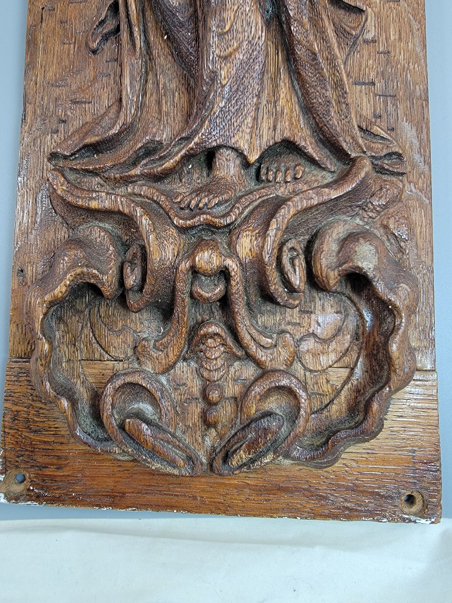 Panneau Baroque en Chêne Sculpté, Allégorie de la Foi, Flandres ou Allemagne, fin du XVIIe sièc-photo-5