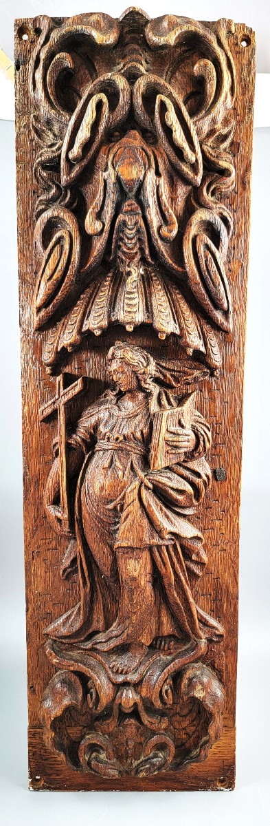 Panneau Baroque en Chêne Sculpté, Allégorie de la Foi, Flandres ou Allemagne, fin du XVIIe sièc