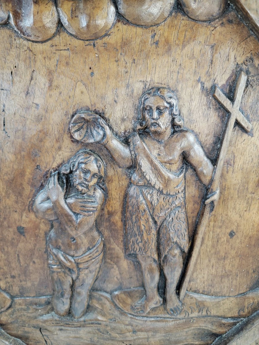 Grand Panneau Noyer Sculpté Baptême du Christ, Style Louis XIII, Époque XVIIe siècle-photo-3
