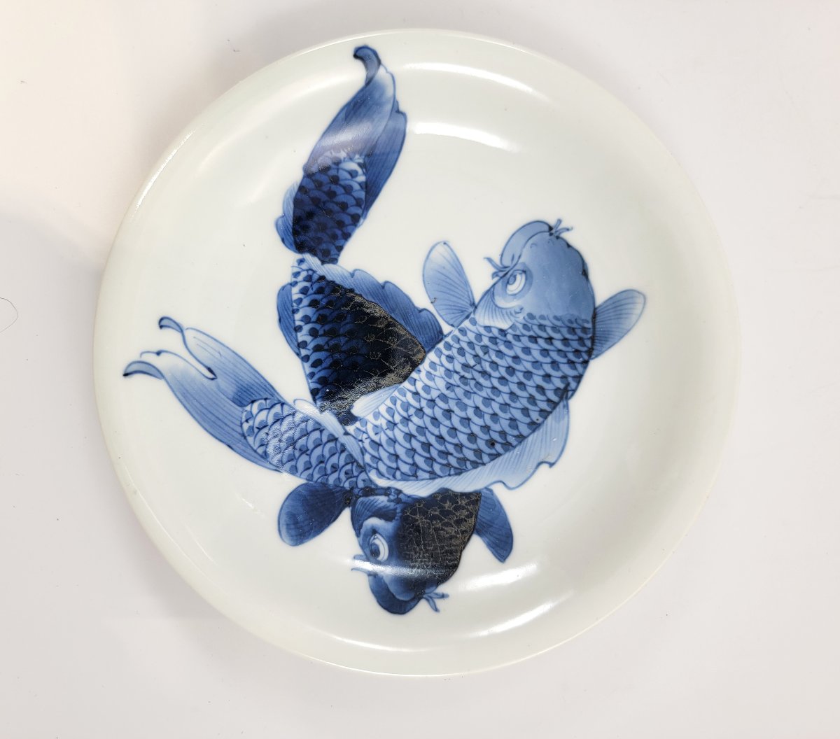 Pair Of Japanese Arita Blue & White ‘twin Koi’ Dishes, Meiji Era, Fuku Mark-photo-3