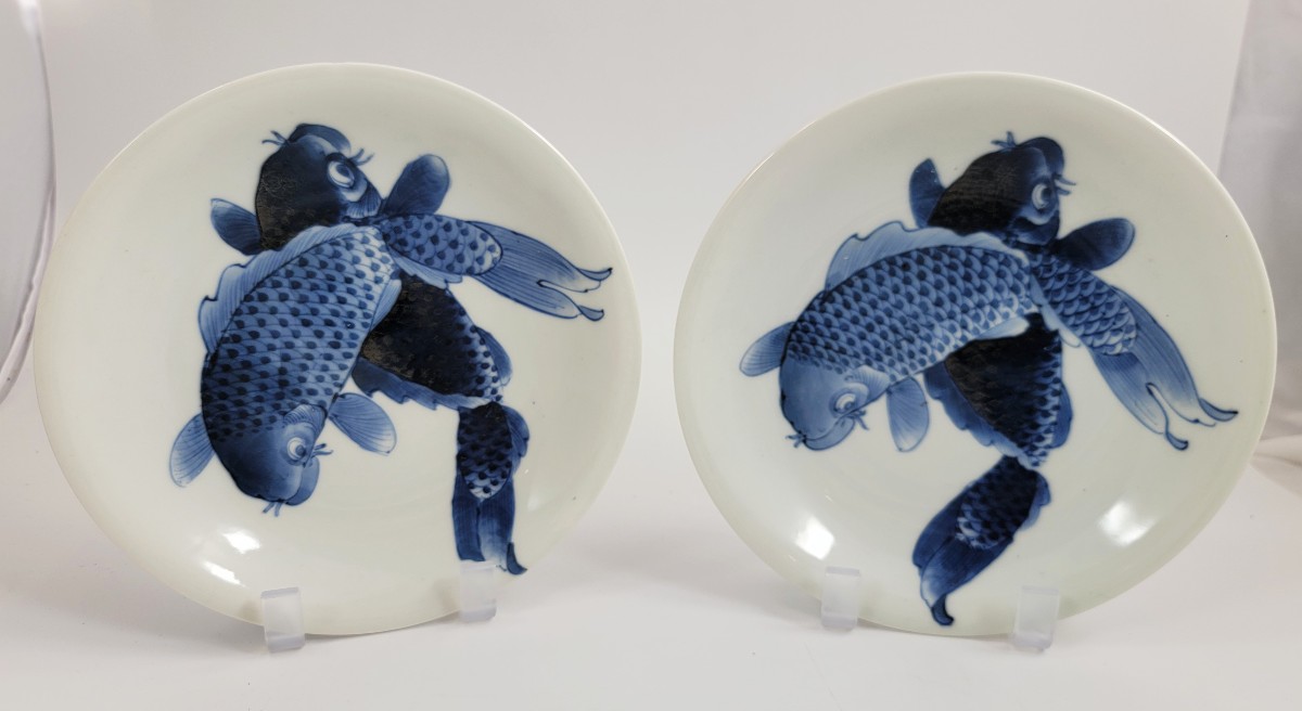 Pair Of Japanese Arita Blue & White ‘twin Koi’ Dishes, Meiji Era, Fuku Mark