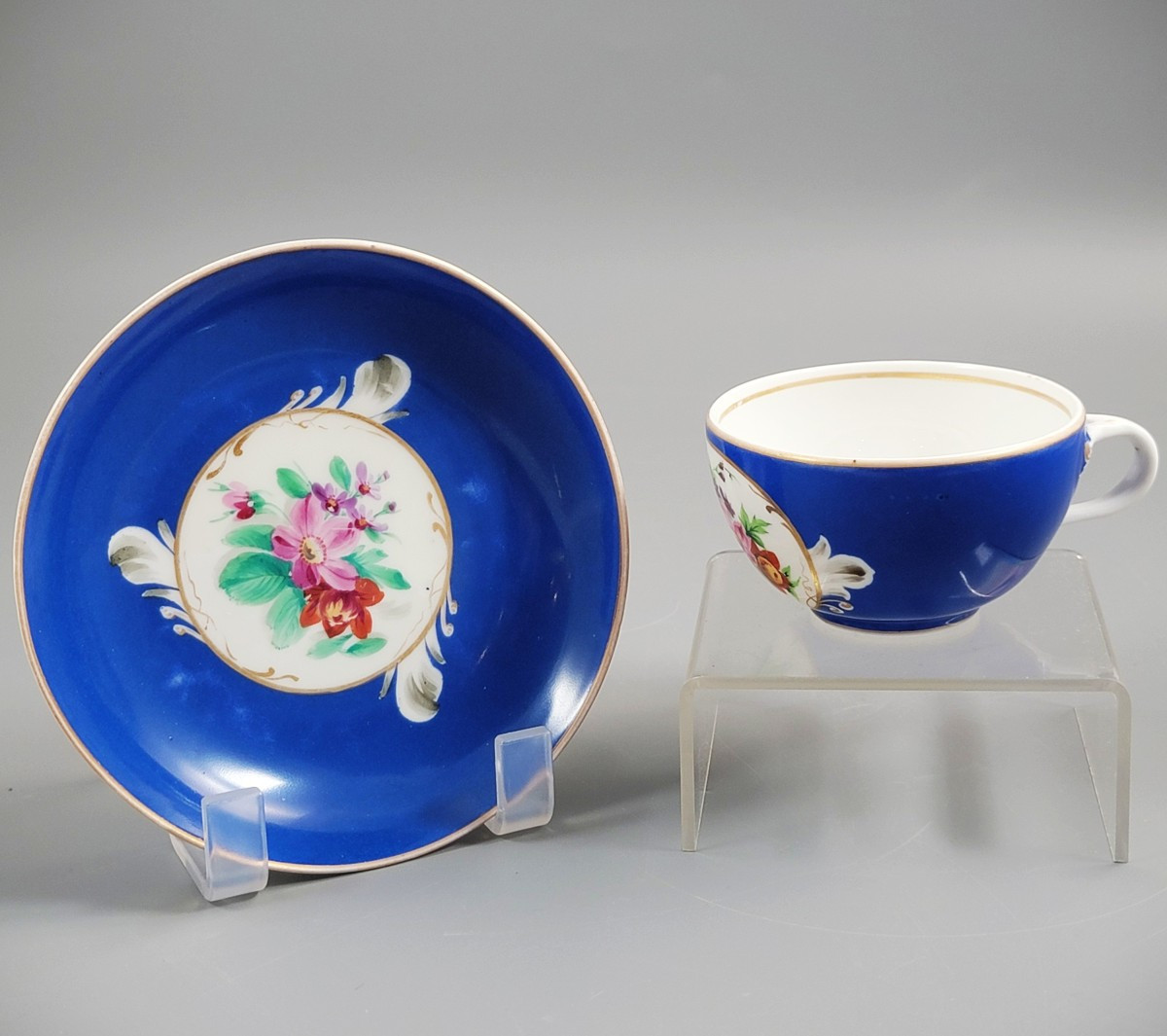 Gardner Porcelain Tea Cup And Saucer, Moscow, C.1880, Cobalt & Floral