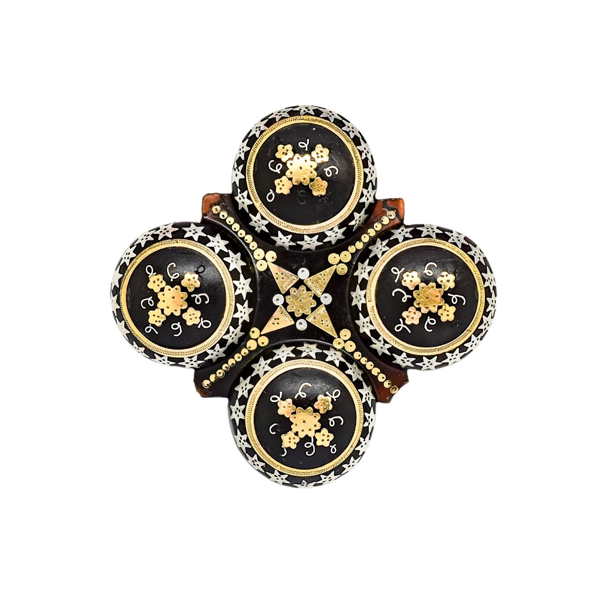 Victorian Tortoiseshell Piqué Work Quatrefoil Brooch, Gold & Silver Inlay, C.1860-photo-3