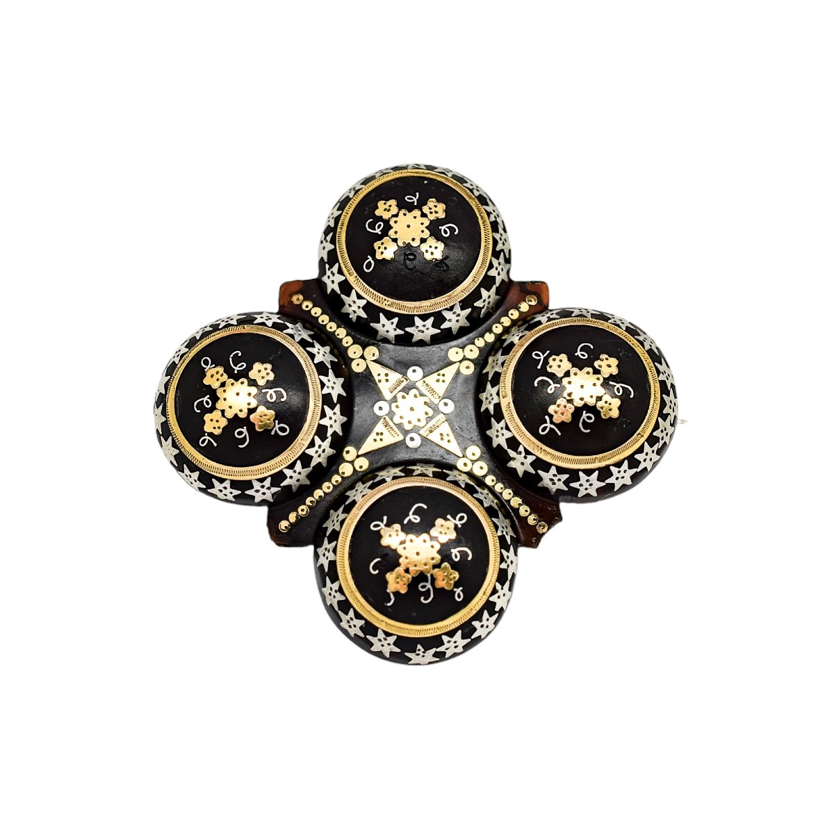 Victorian Tortoiseshell Piqué Work Quatrefoil Brooch, Gold & Silver Inlay, C.1860-photo-4
