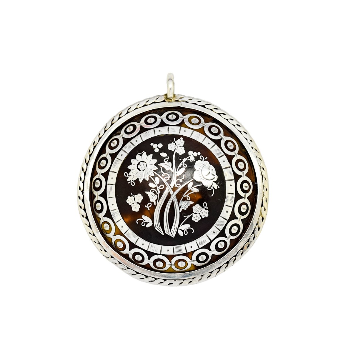 Victorian Tortoiseshell Piqué Brooch/pendant, Silver Inlay, Rope-edge Mount, C.1860-photo-2