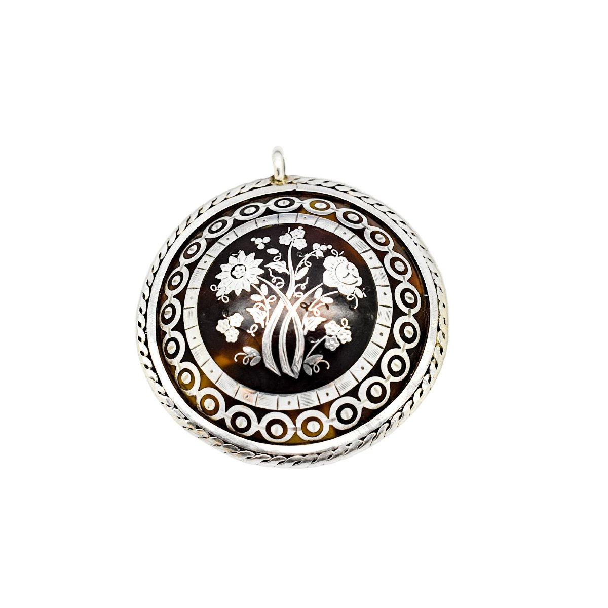 Victorian Tortoiseshell Piqué Brooch/pendant, Silver Inlay, Rope-edge Mount, C.1860-photo-3