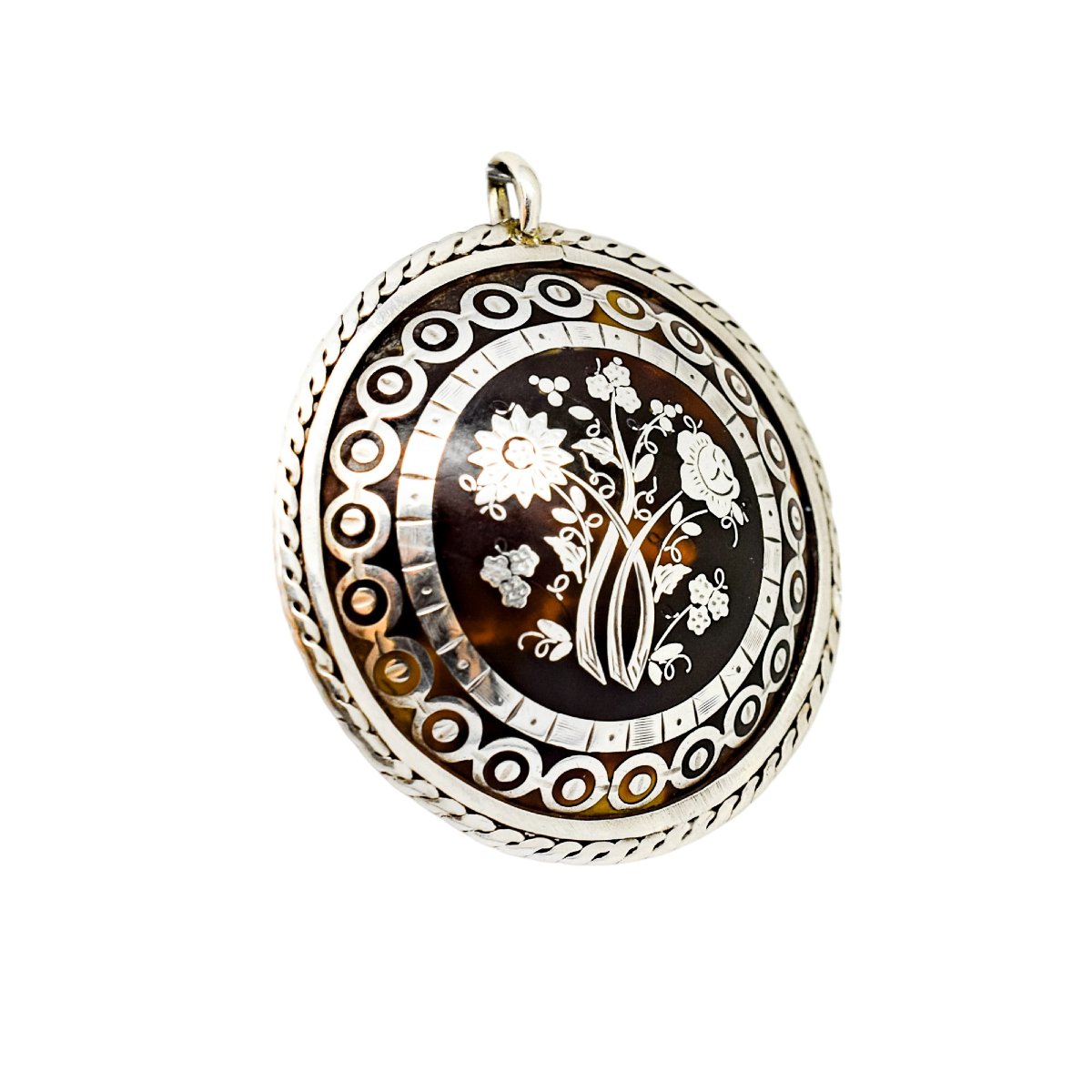 Victorian Tortoiseshell Piqué Brooch/pendant, Silver Inlay, Rope-edge Mount, C.1860-photo-4