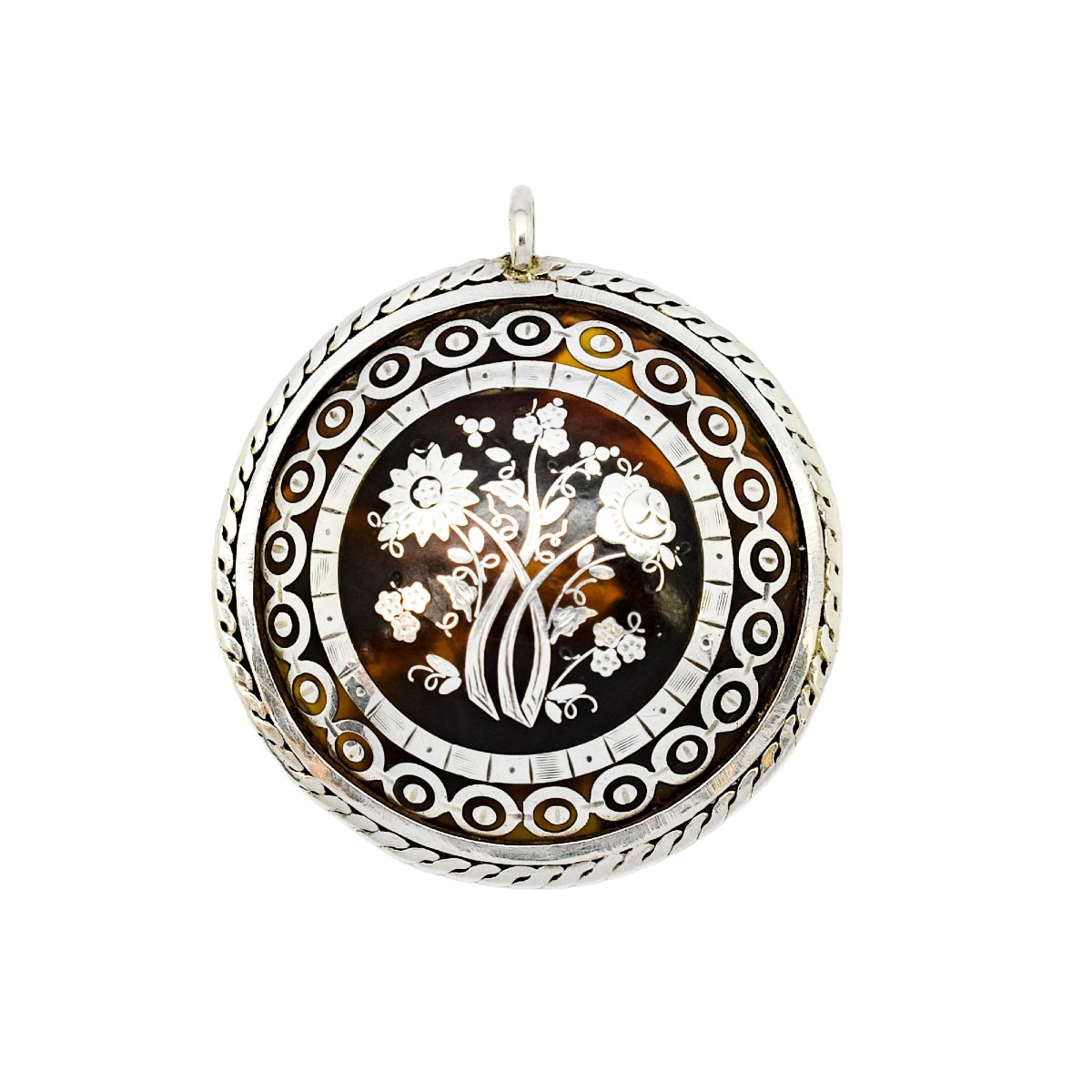 Victorian Tortoiseshell Piqué Brooch/pendant, Silver Inlay, Rope-edge Mount, C.1860-photo-3