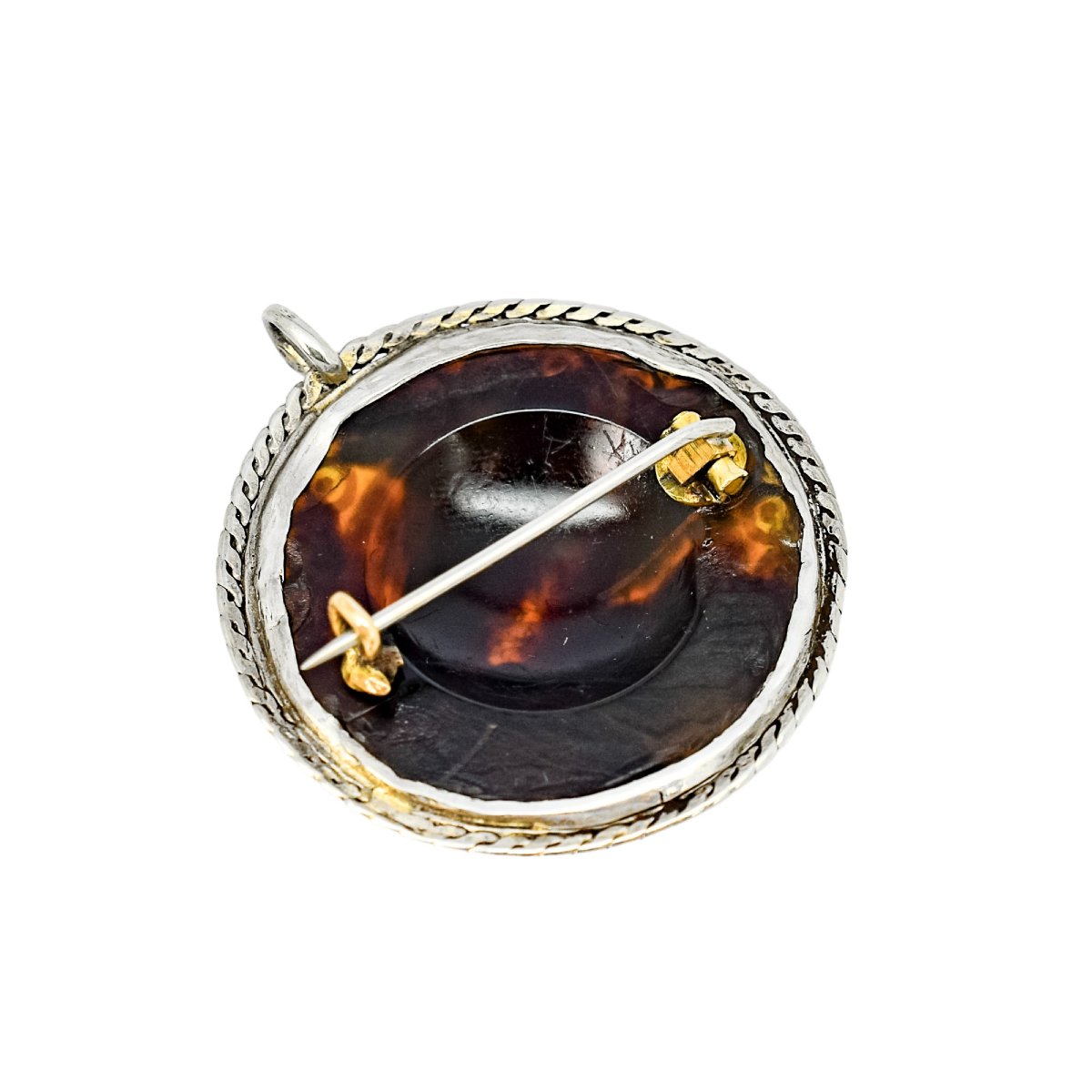 Victorian Tortoiseshell Piqué Brooch/pendant, Silver Inlay, Rope-edge Mount, C.1860-photo-4