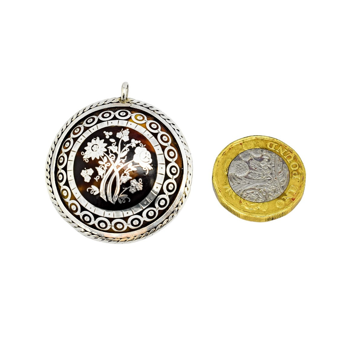 Victorian Tortoiseshell Piqué Brooch/pendant, Silver Inlay, Rope-edge Mount, C.1860-photo-7