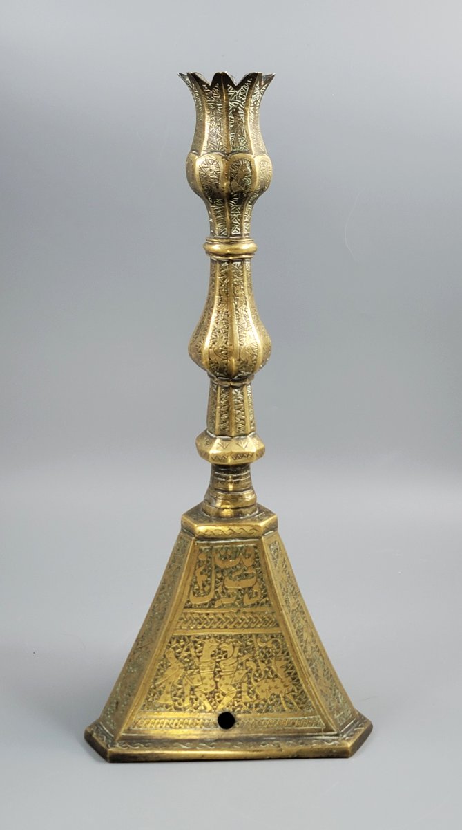 Large Qajar Persian Engraved Brass Candlestick, C.1880-photo-3